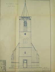 <p>Opmeting van de bestaande toestand van de westgevel van de toren uit 1952. (Archief RCE). </p>
